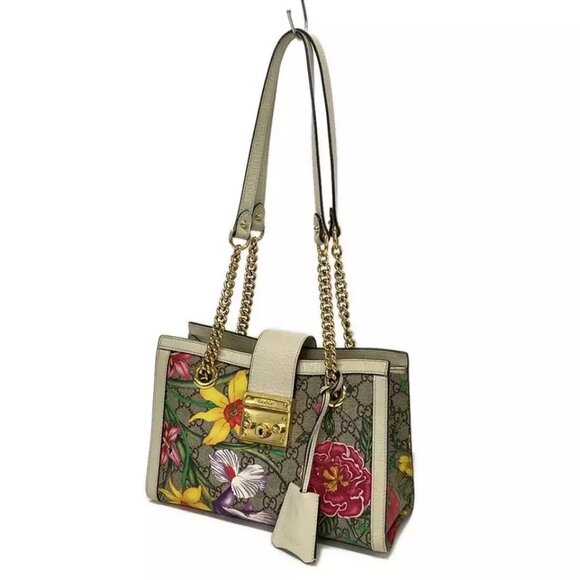 GUCCI Padlock small shoulder bag/GG Flora Beige Cream Multi PVC - 896-012225 - Picture 3 of 14